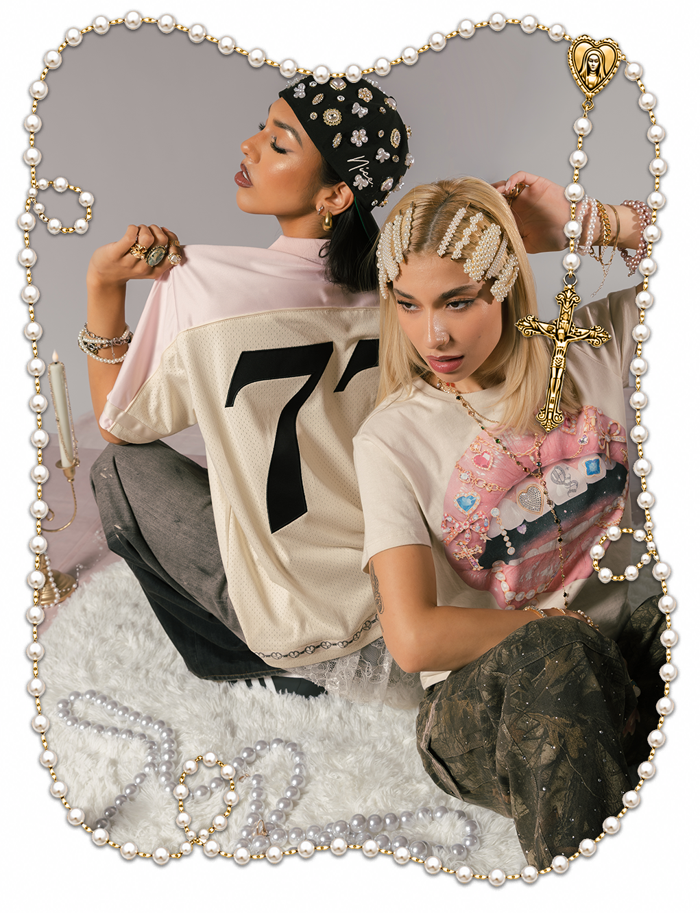 Two stylish women posing back-to-back in trendy outfits and accessories.
