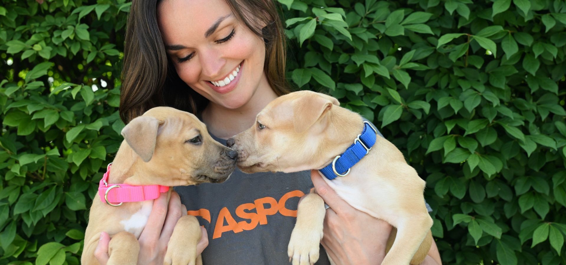 Woman holding two puppies in front of a green background, smiling.
