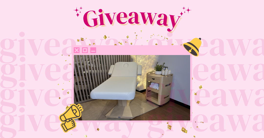 Giveaway announcement with a massage table and storage cart.
