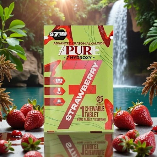 Strawberry supplement box with strawberries and a waterfall in the background.
