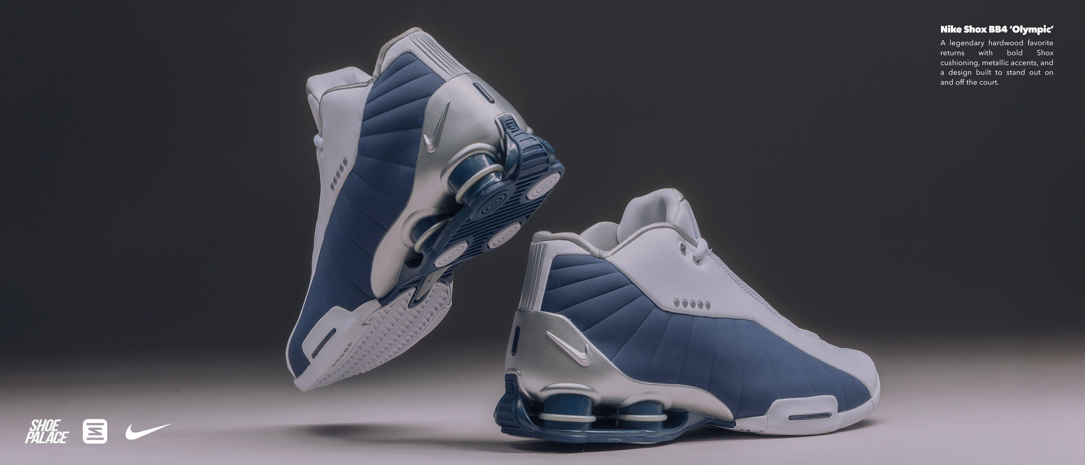 Blue and white athletic shoes displayed against a dark background.