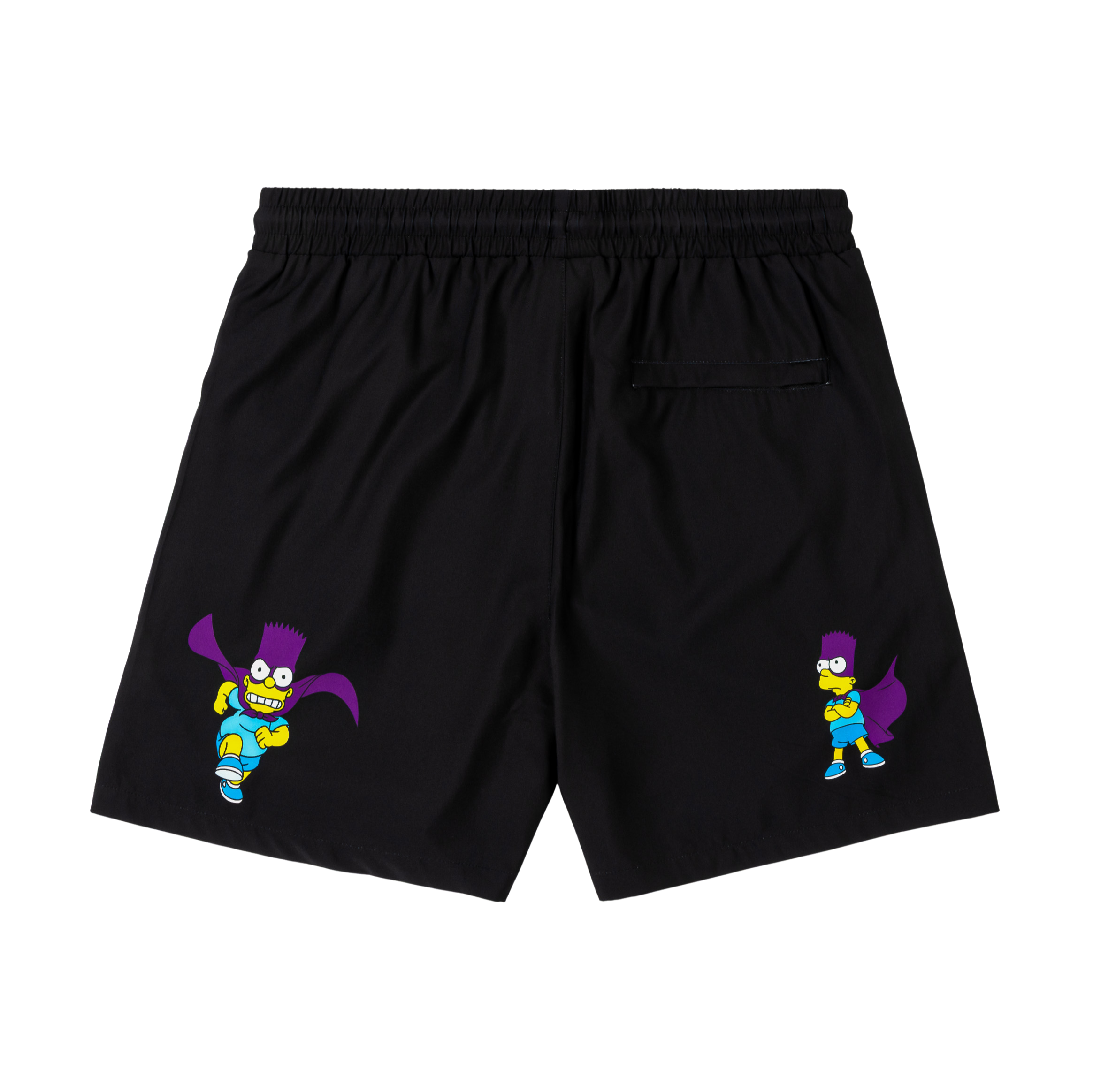 Black swim shorts featuring Bartman graphic and text.