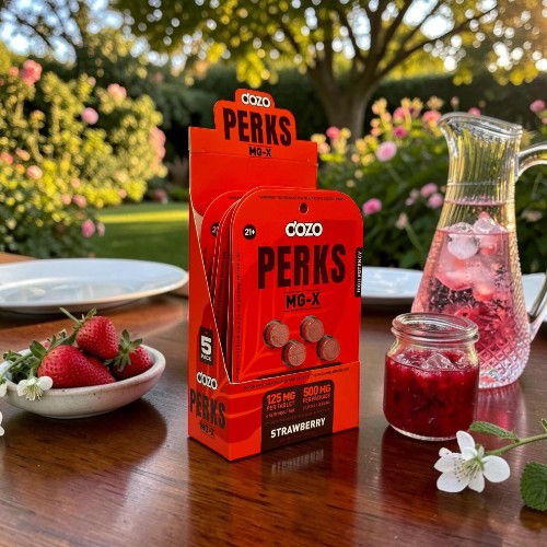 Red candy box with strawberries and a drink on a table outdoors.