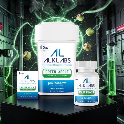 Packaging of ALKLABS Green Apple tablets with glowing effects.