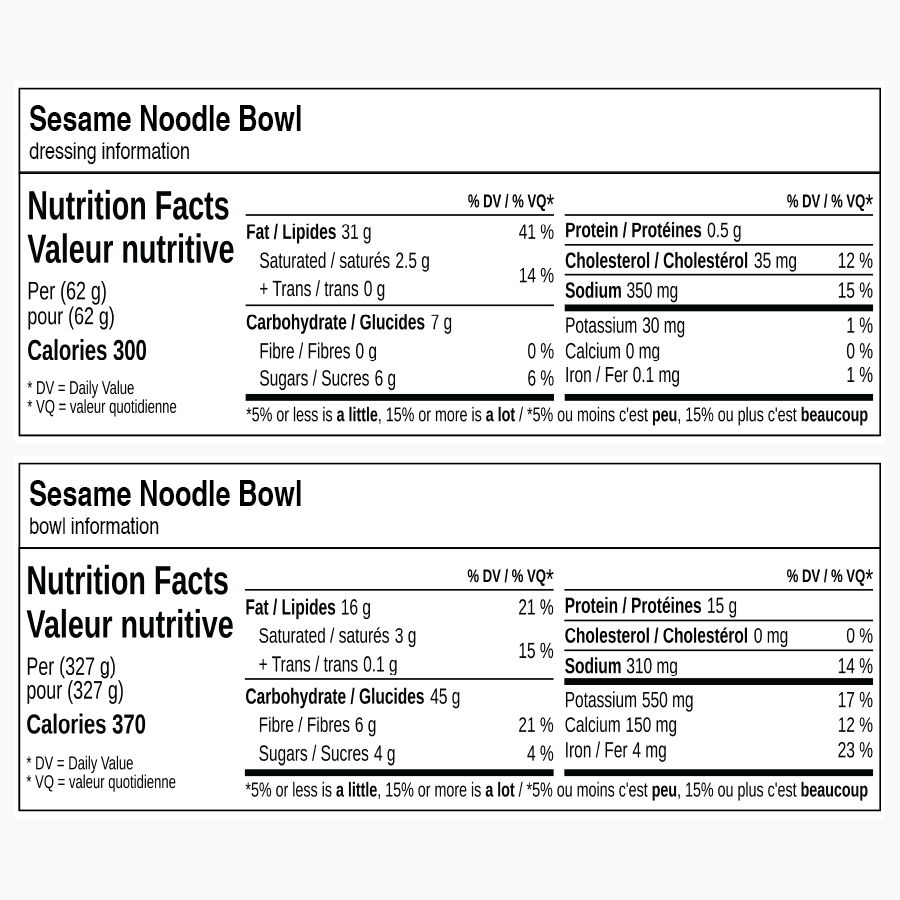 Nutrition facts for Sesame Noodle Bowl.