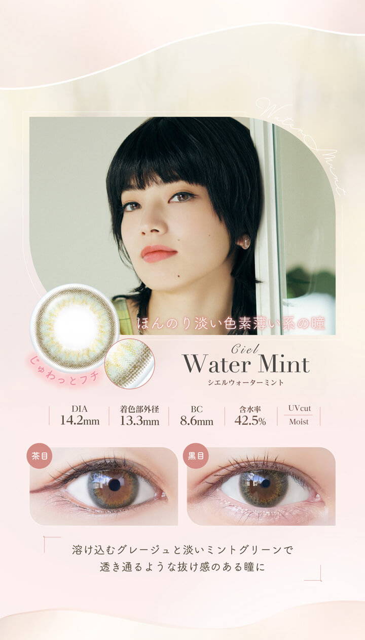 Ciel Water Mint(シエルウォーターミント),じゅわっとフチ,ほんのり淡い色素薄い系の瞳,DIA14.2mm,着色直径13.3mm,BC8.6mm,含水率42.5%,UVカット,うるおい成分,茶目と黒目の装用画像,溶け込むグレージュと淡いミントグリーンで透き通るような抜け感のある瞳に|ネオサイトワンデーシエルUV(NeoSight oneday Ciel UV)コンタクトレンズ