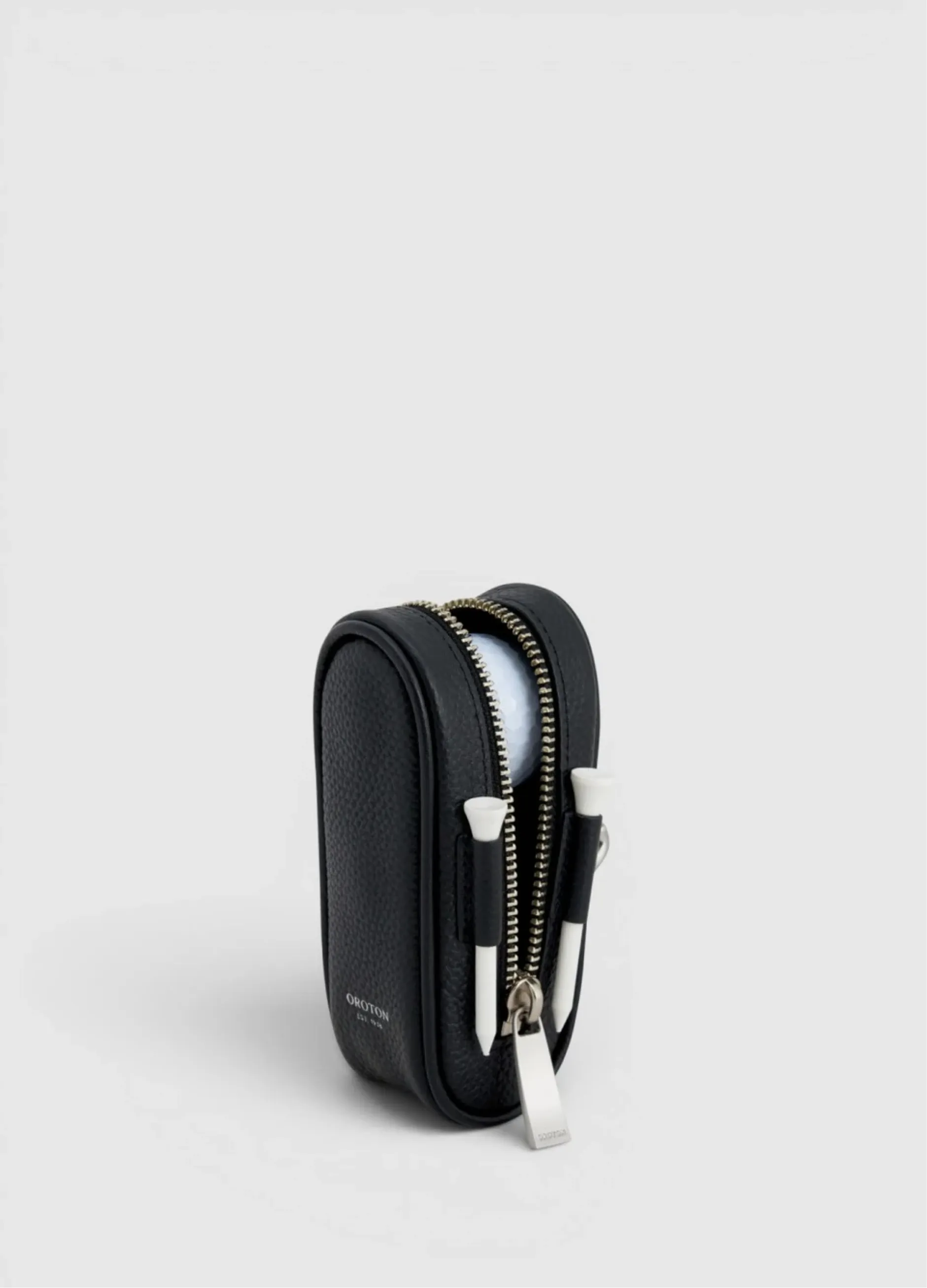 Black zippered pouch with silver accents on a plain background.
