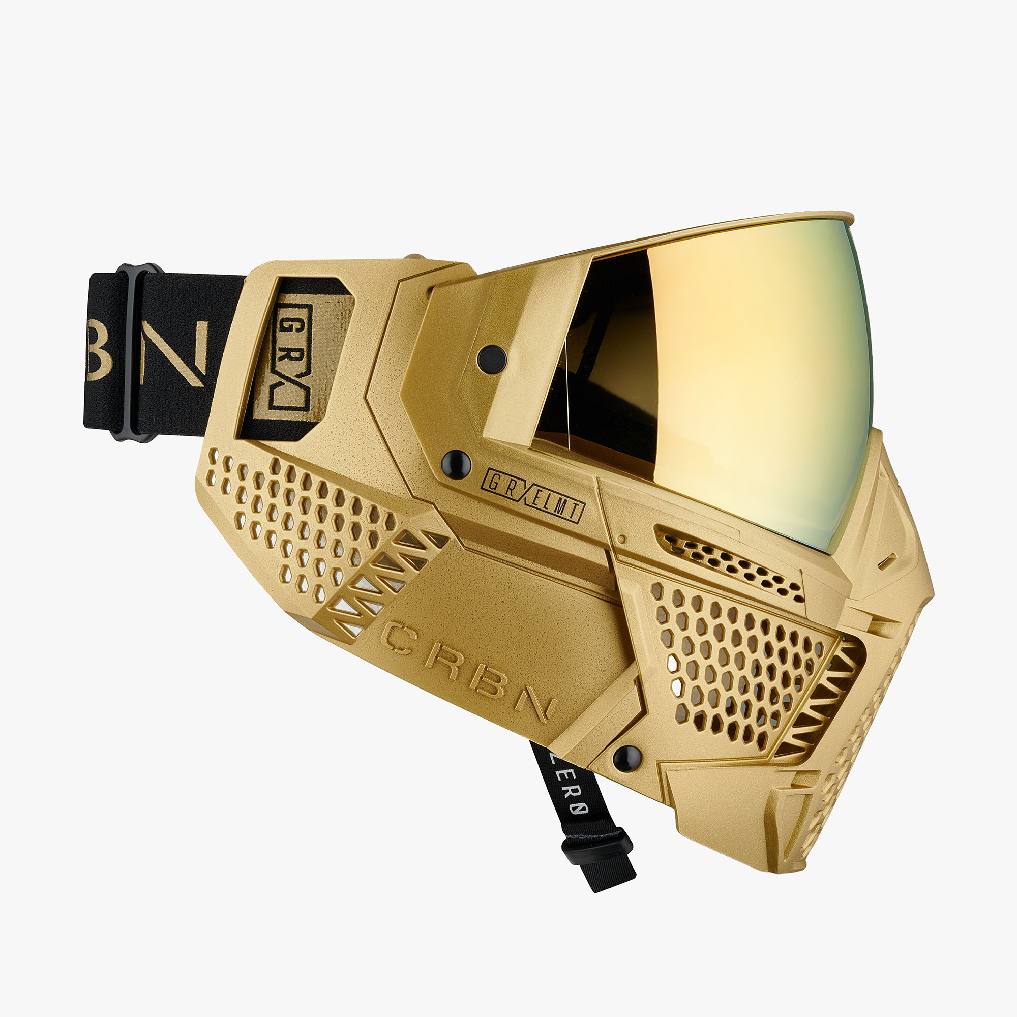 Gold paintball mask with a reflective lens and adjustable strap.