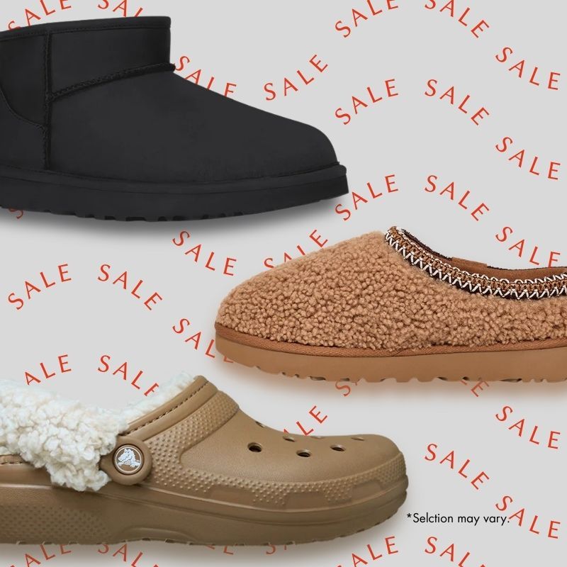Three styles of footwear on a sale background.