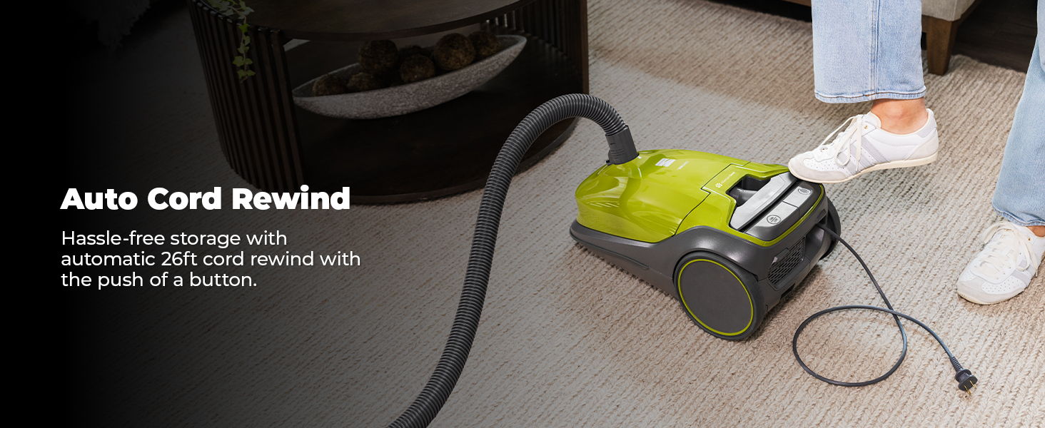 Vacuum cleaner with auto cord rewind feature and user operating it.