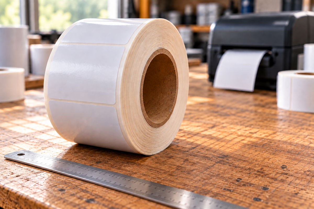 A label roll with its cardboard core, next to calipers and a steel ruler for measuring core and roll diameter.