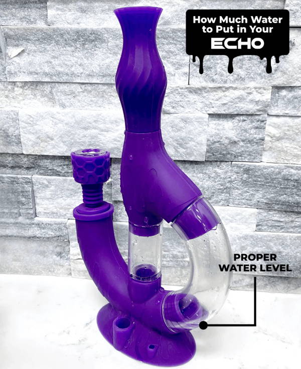 A purple Ooze Echo bong is shown filled with a small amount of water and a green arrow that says FILL LINE pointing to the water level.