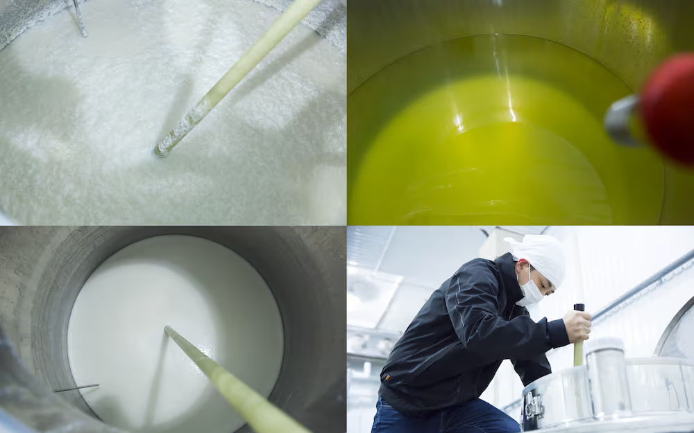 Laboratory images showing various liquids and a person conducting an experiment.