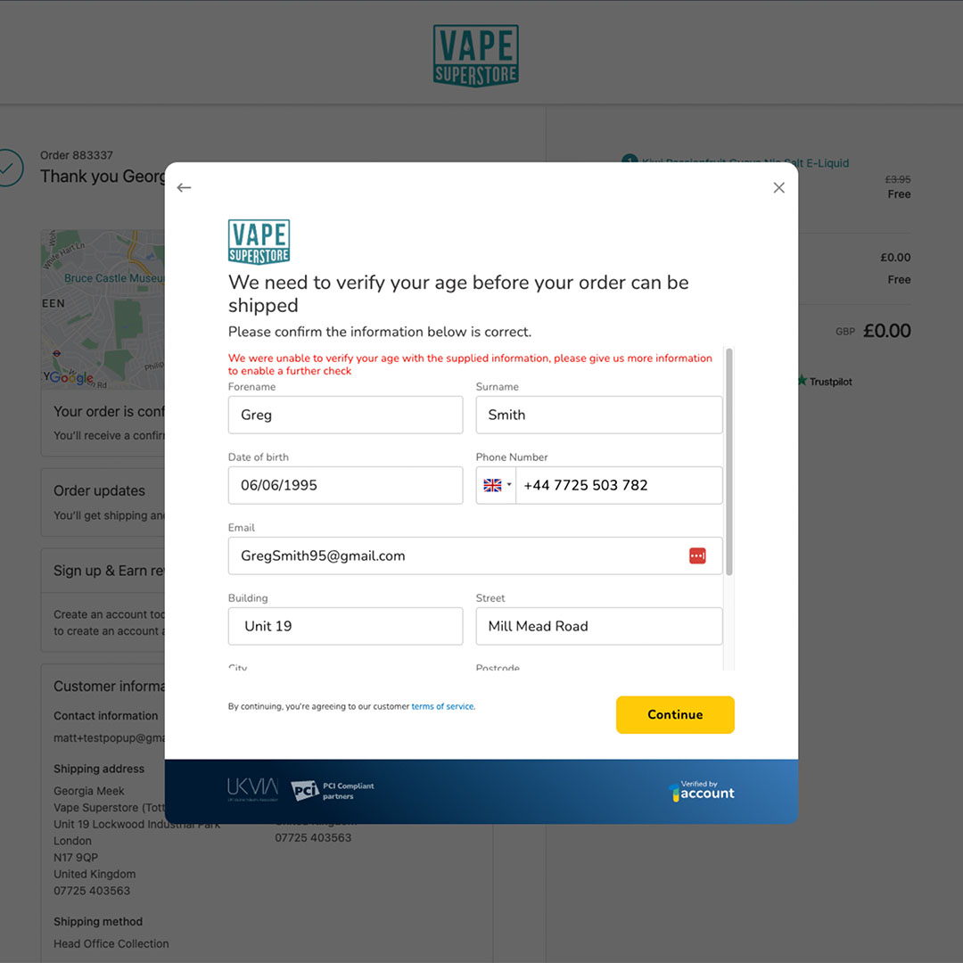 a screenshot of Age verification form for vape purchase with personal information fields.