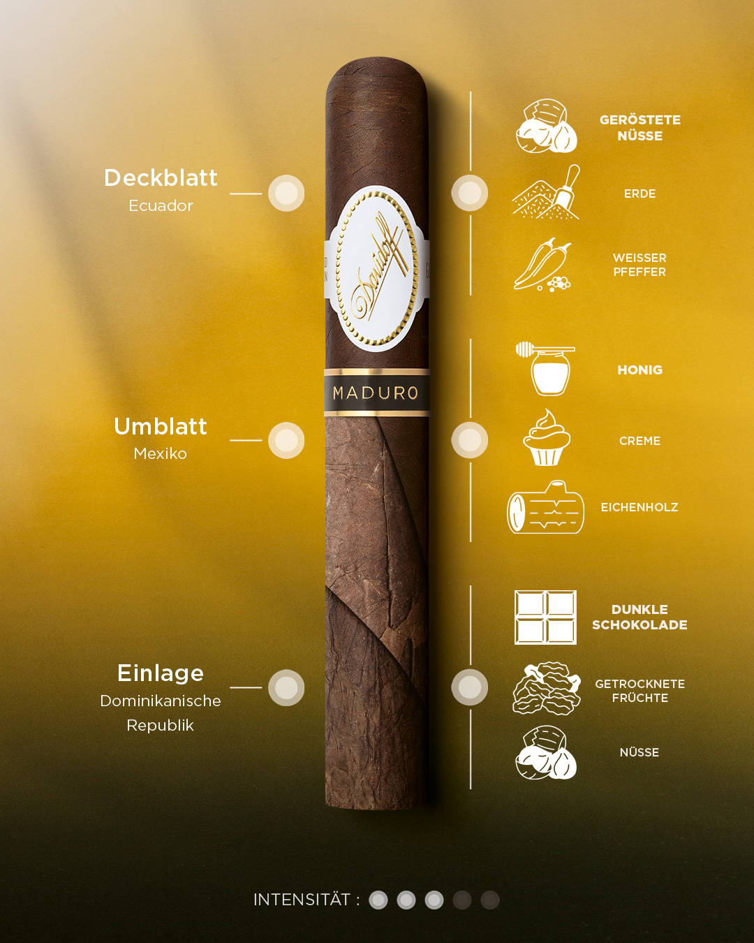 Detaillierte Geschmacksbeschreibung der Davidoff Maduro-Zigarre inklusive Tabakherkunft, Intensität und Hauptaromen. 