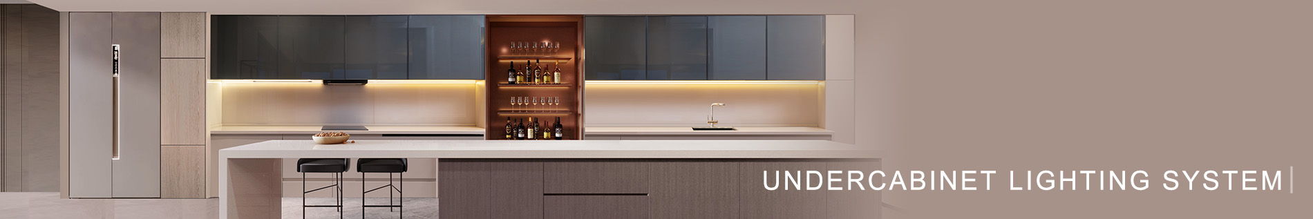 Undercabinet lighting installed in modern kitchen cabinets, providing continuous linear LED illumination along backsplash and shelves for architectural lighting applications.