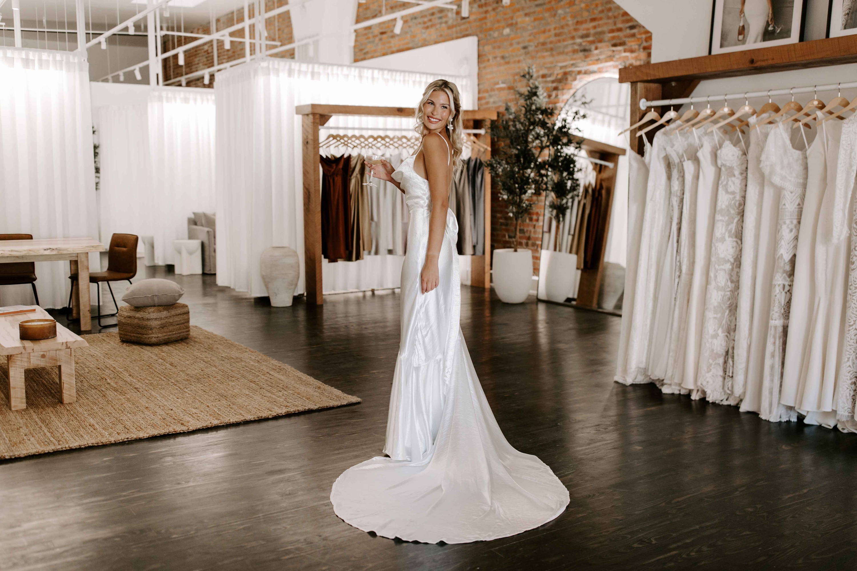 Bride in wedding dress in Columbus Showroom