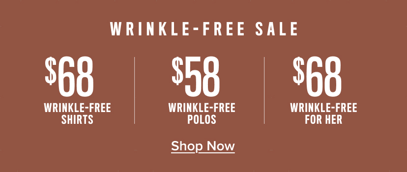 Wrinkle-free sale with prices for shirts, polos, and for men.