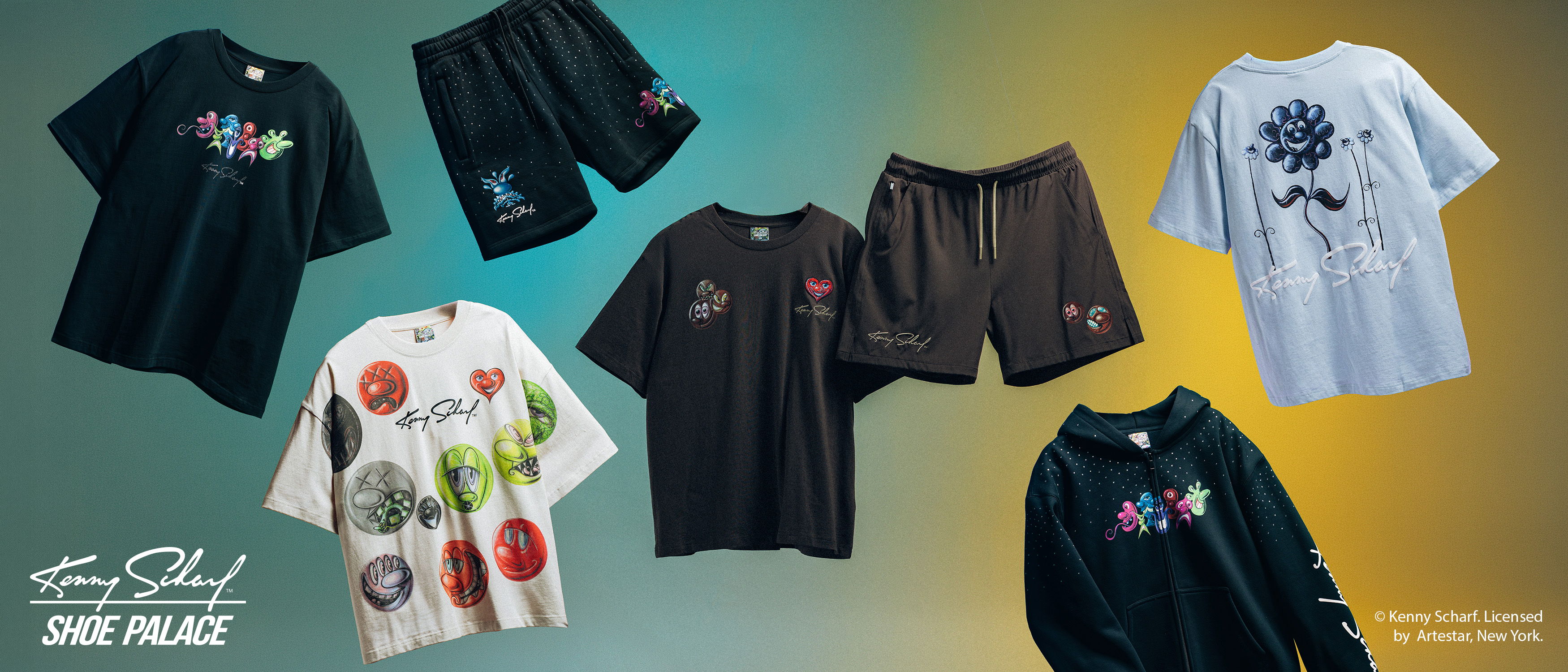 Various t-shirts and shorts displayed on a colorful background.