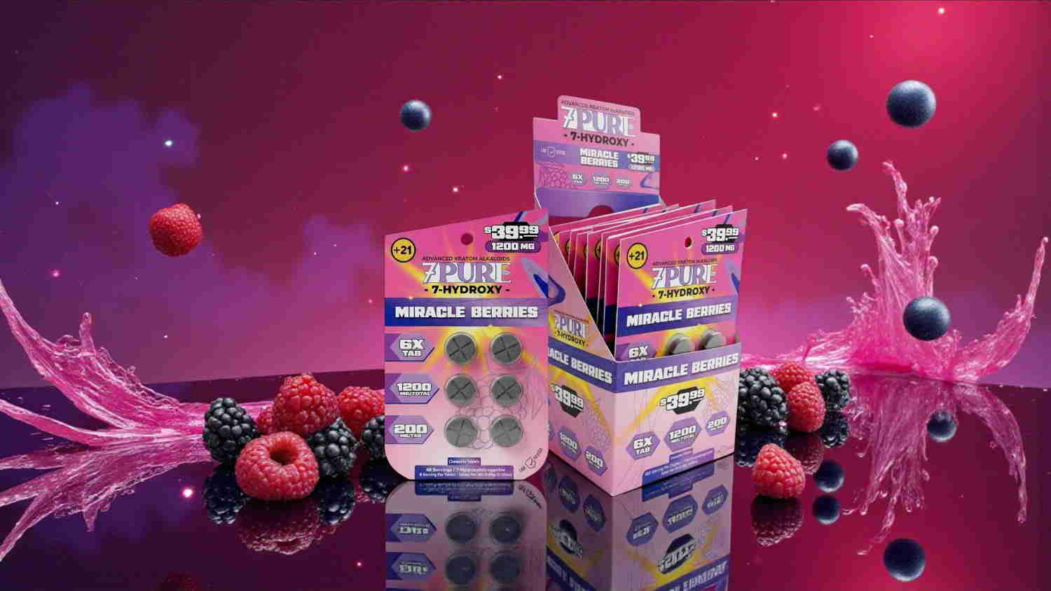 Colorful packaging of a product with berries and splashes on a vibrant background.