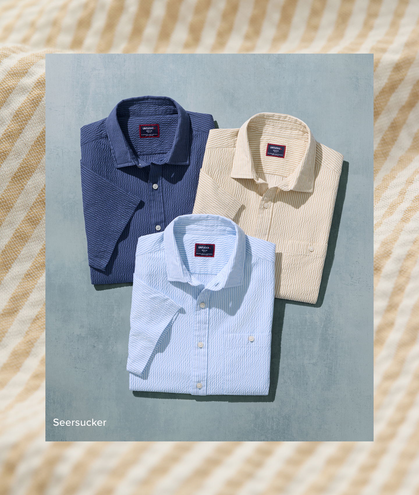 Three collared shirts in navy, beige, and light blue on a textured background.
