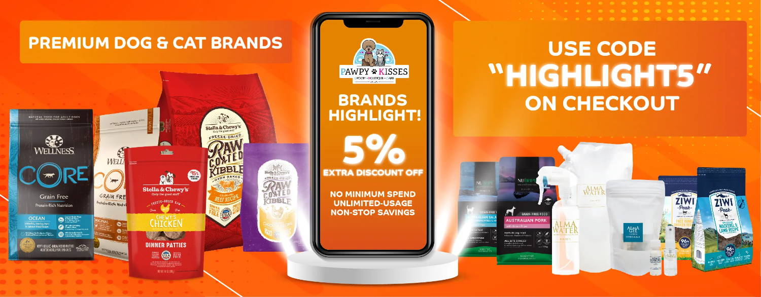 5% OFF selected premium brands highlight exclusively on our online pet shop.
