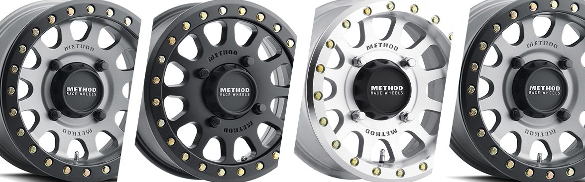 Photo collage of Method race wheels for off-road vehicles.