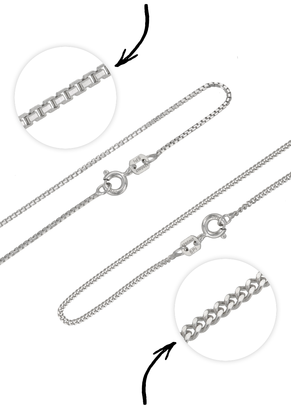 Two styles of sterling silver necklaces