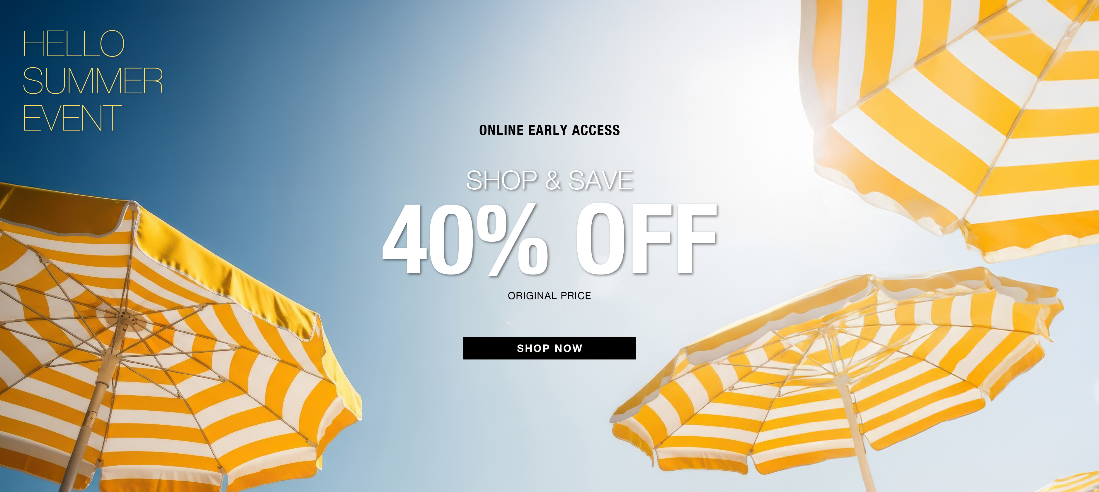Colorful beach umbrellas with a discount offer of 40% off.
