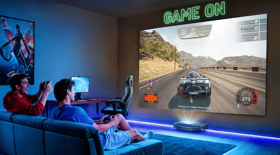Two people gaming on a large screen in a cozy room.