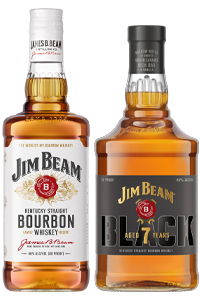 Two bottles of Jim Beam bourbon whiskey.