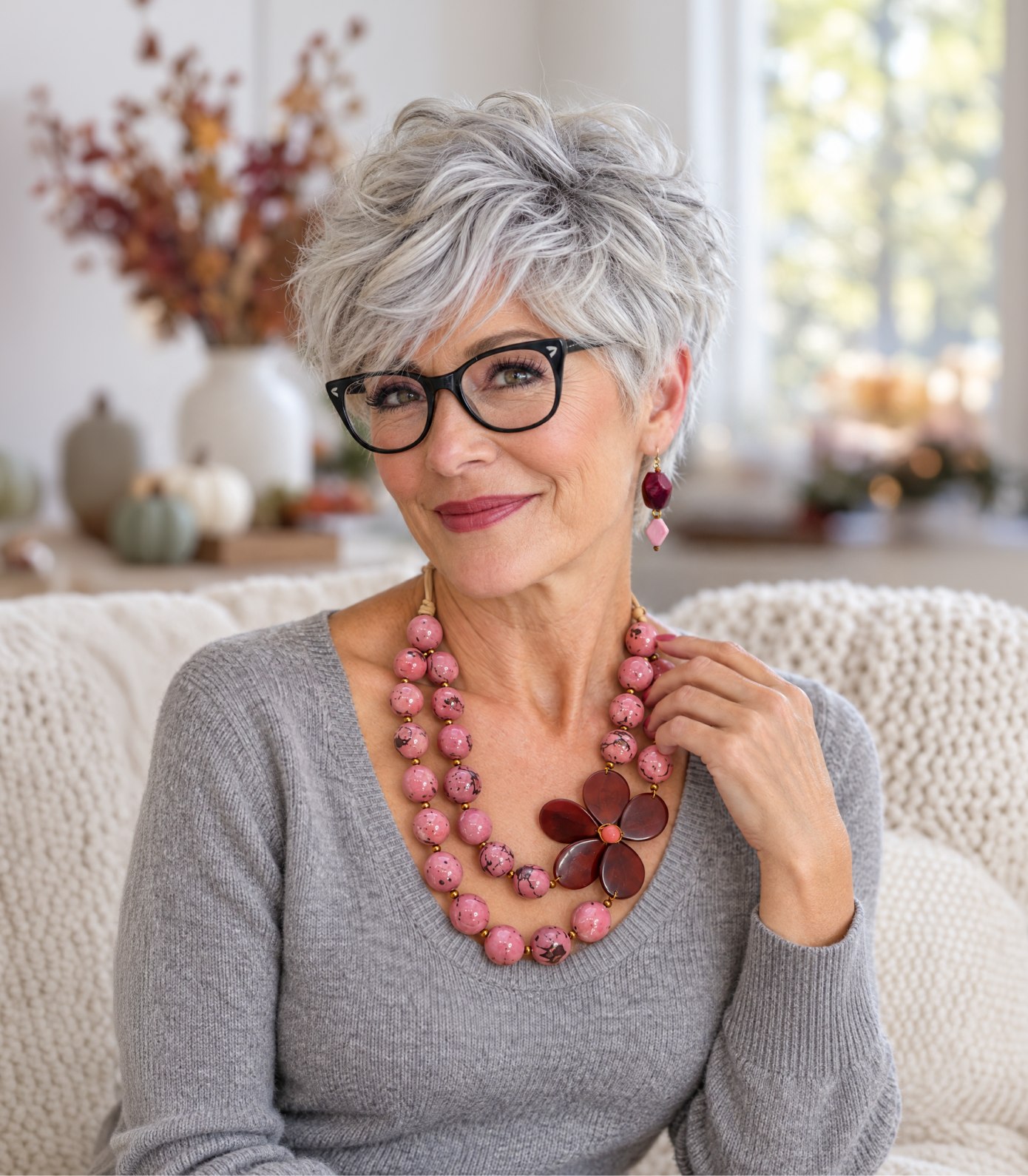 Smiling woman with short gray hair and glasses wearing a pink tagua statement necklace over a gray sweater