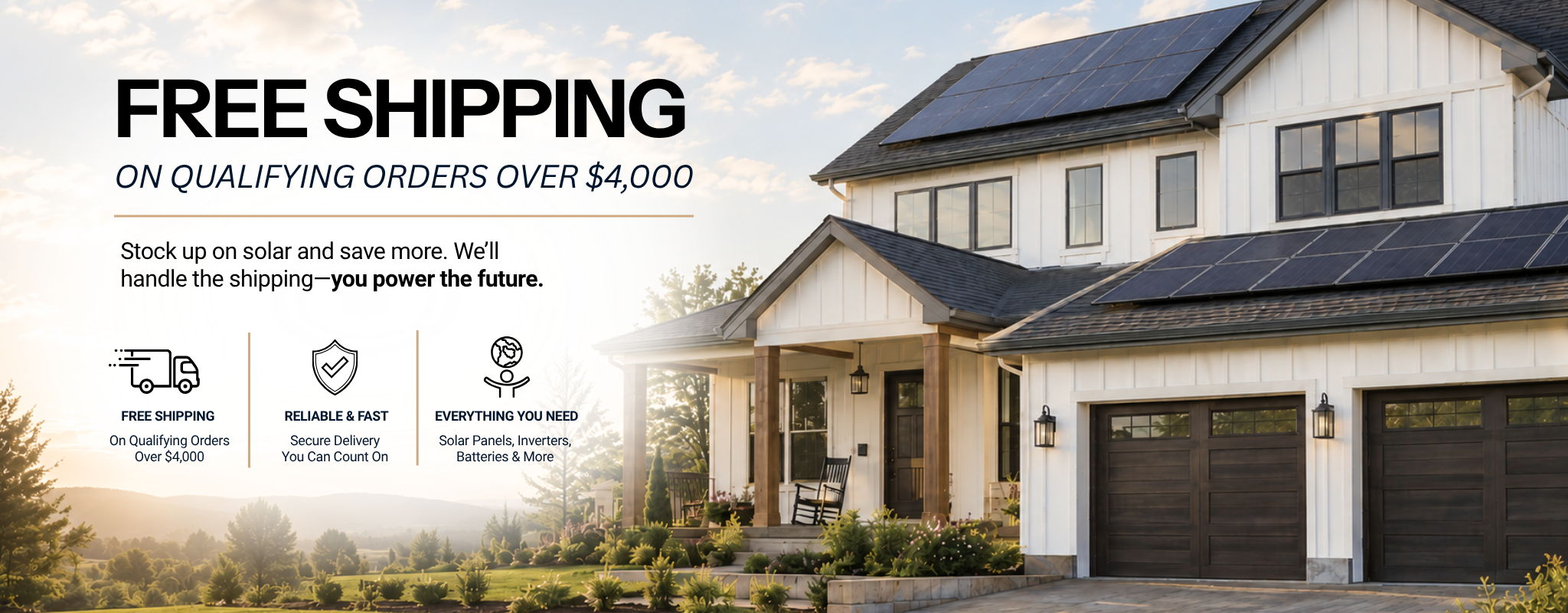 Home with solar panels and promotional banner for free shipping on orders 4K or more