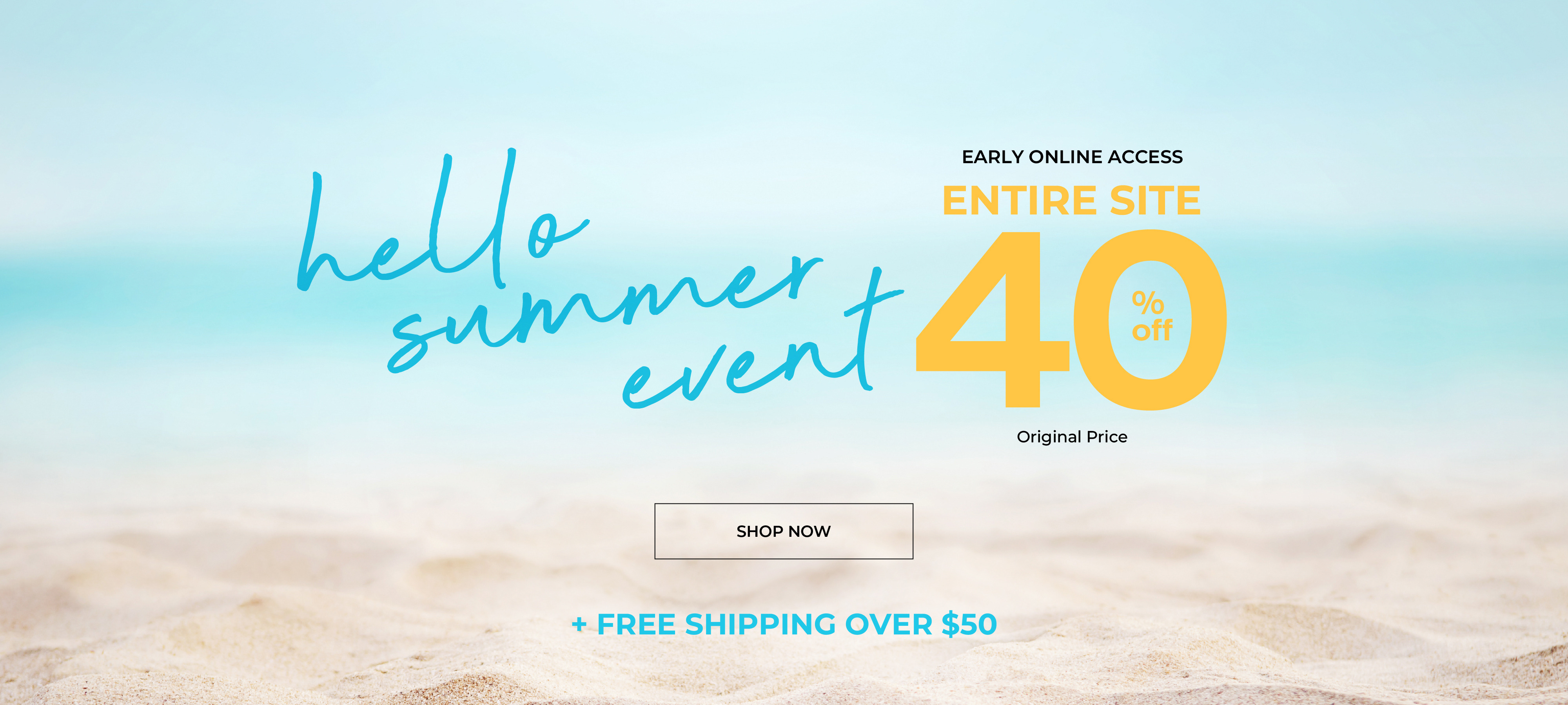 Summer event promotion with 40% off text on a beach background.