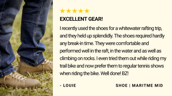 Customer review card with a cream background. Left side shows a close-up photo of legs wearing tan ALTAMA Maritime Mid shoes on grass. Right side displays five yellow stars, bold heading 
