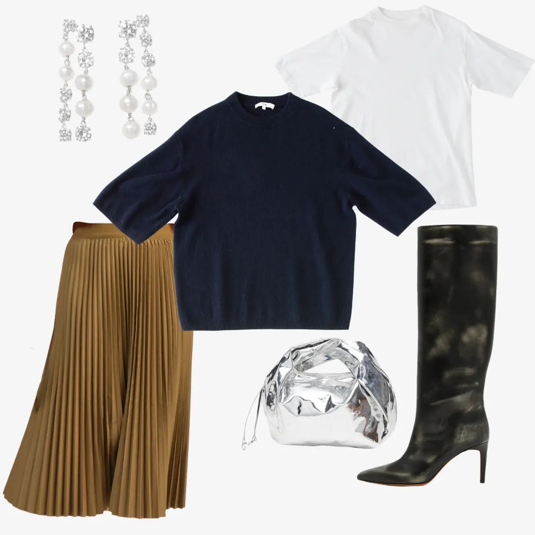Fashion items including tops, skirt, boots, bag, and earrings.