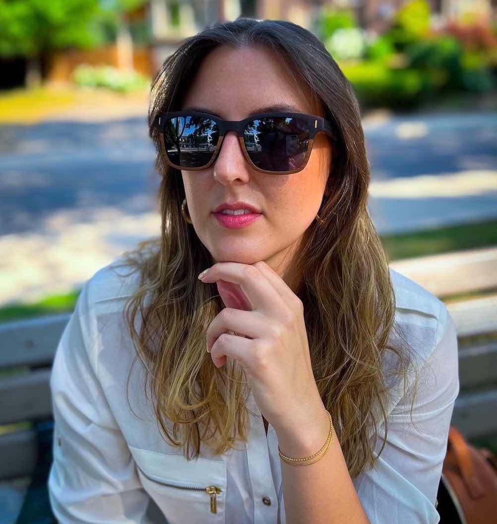 Woman wearing Oxford, Polarized Square Wood Sunglasses 