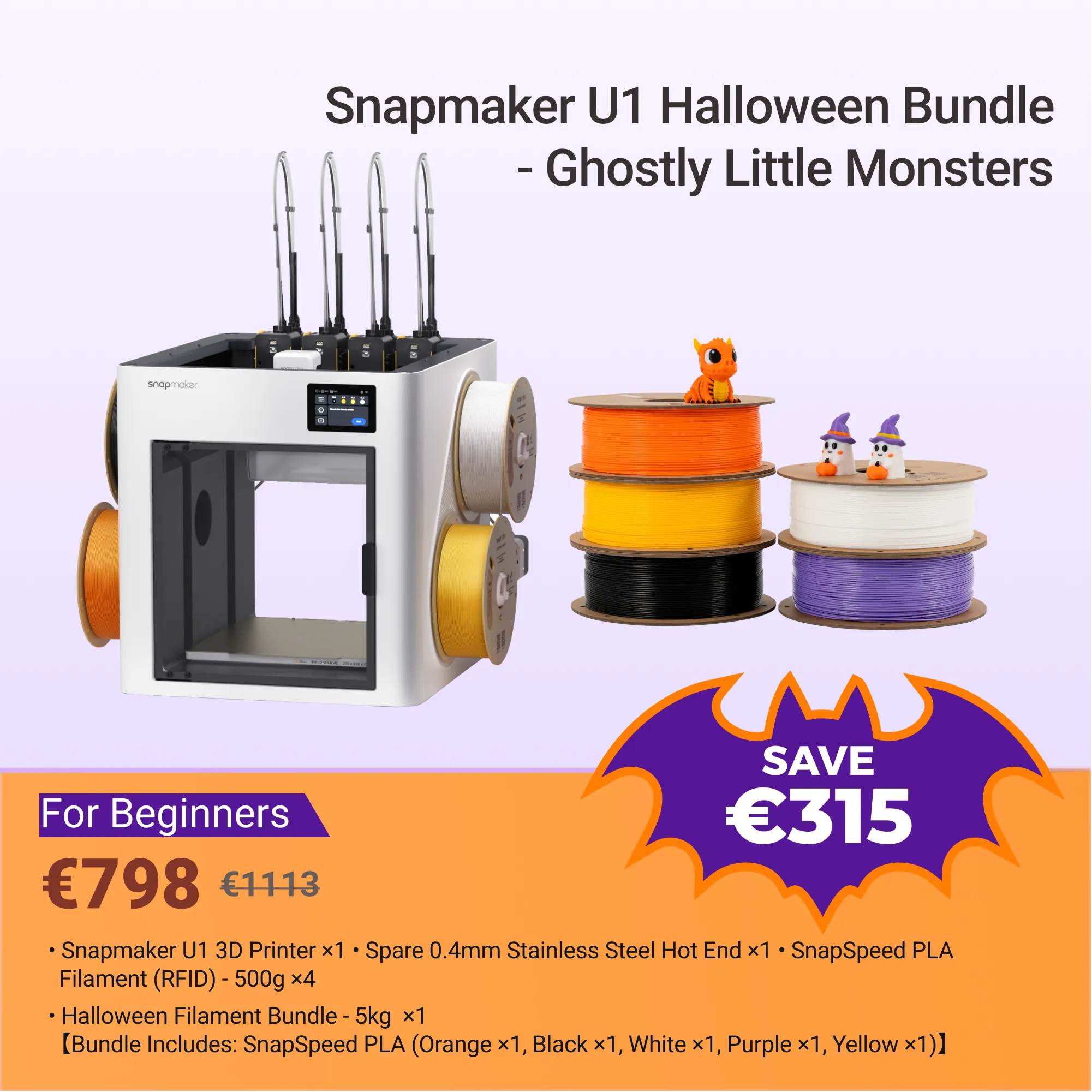 Snapmaker U1 Halloween-bundel met printer en kleurrijke filamenten. Bespaar € 315.