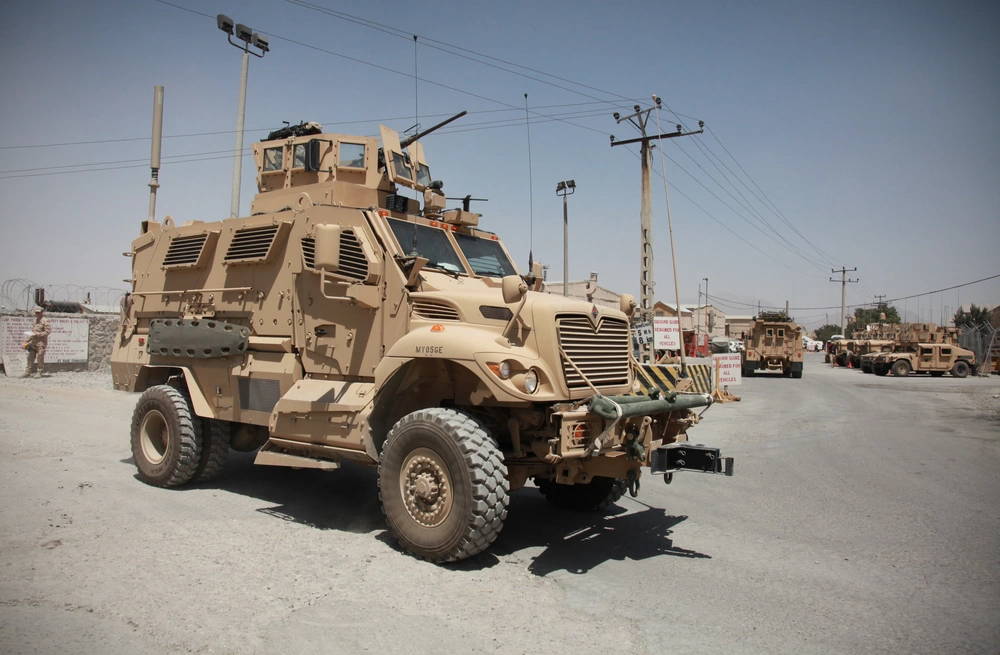 A Maxxpro Mine-Resistant Ambush Protected vehicle, manufactured by Navistar, heads out on patrol at Camp Phoenix, Afghanistan, July 28, 2009.