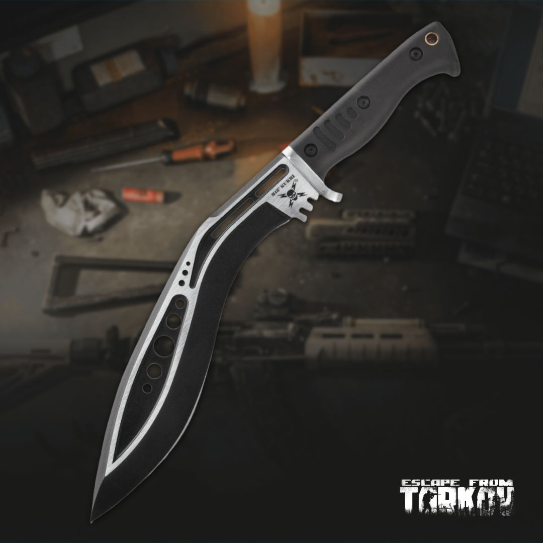 A knife with a curved blade and a black handle on a dark background.