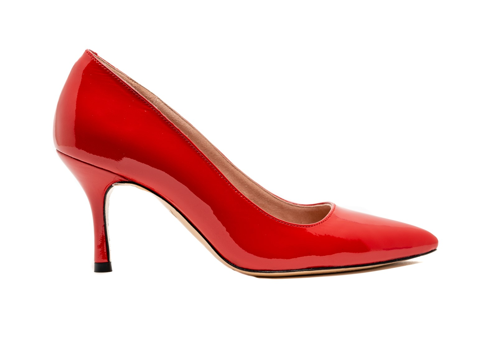Red patent leather high heel shoe on a white background.
