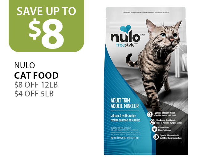 $8 off Nulo cat food 12lb and $4 off 5lb