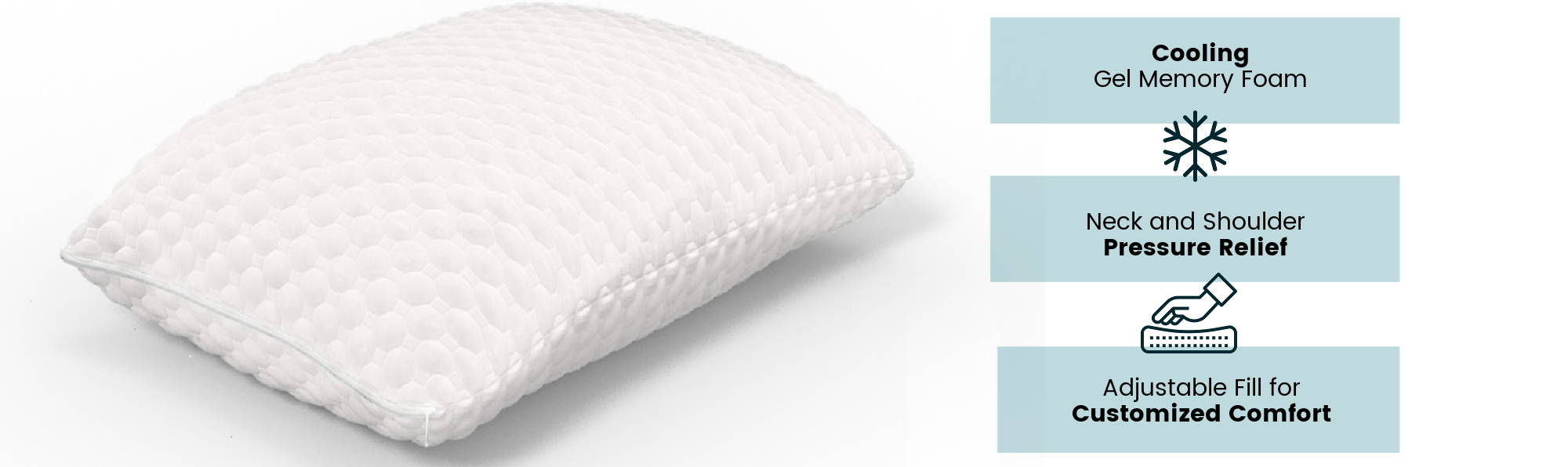 CBD and copper infused pillow on a white background that has cooling gel memory foam, gives neck and shoulder pressure relief, and is customizable with adjustable fill for comfort.