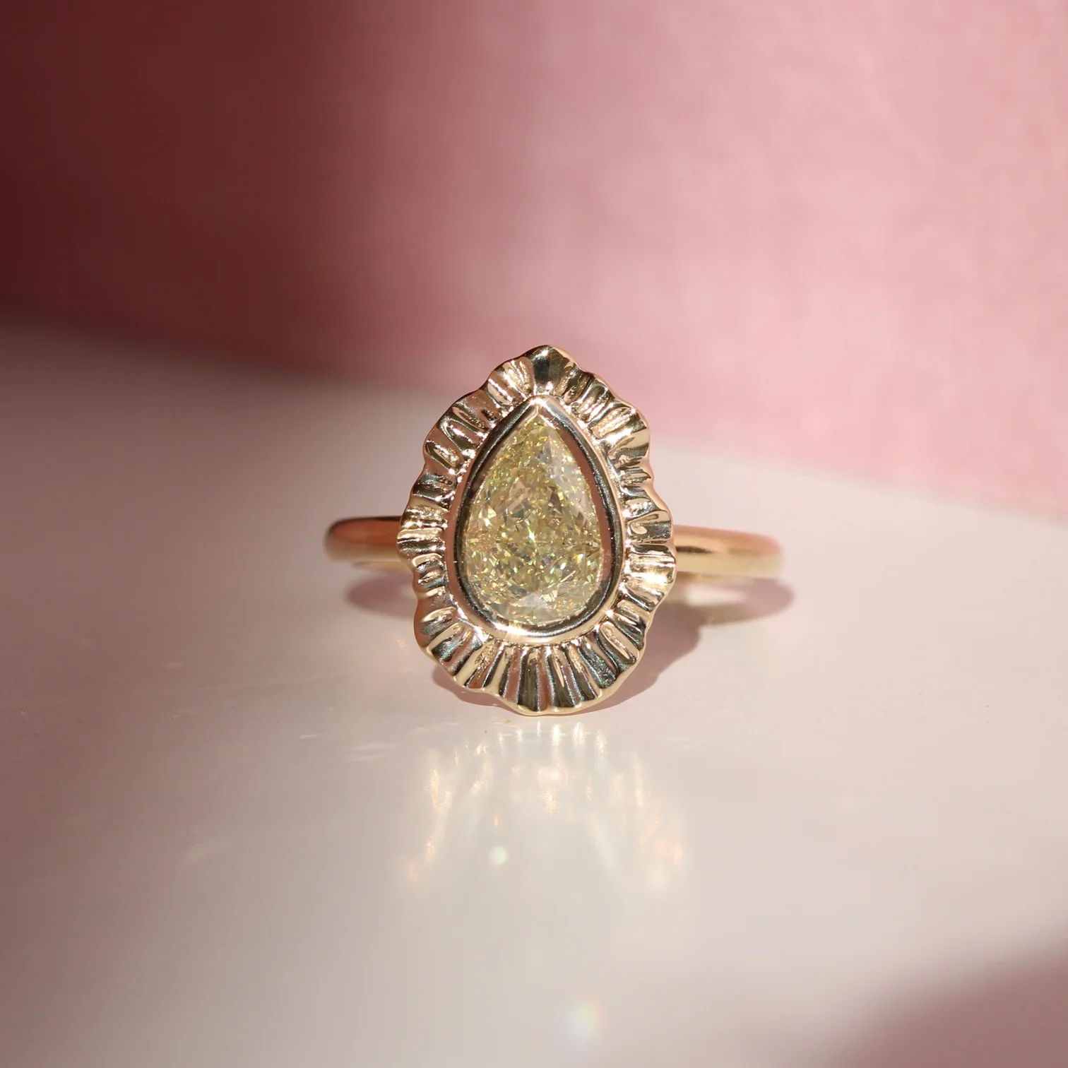 Cat Cason Fine Plisse ring with pear cut champagne diamond in yellow gold