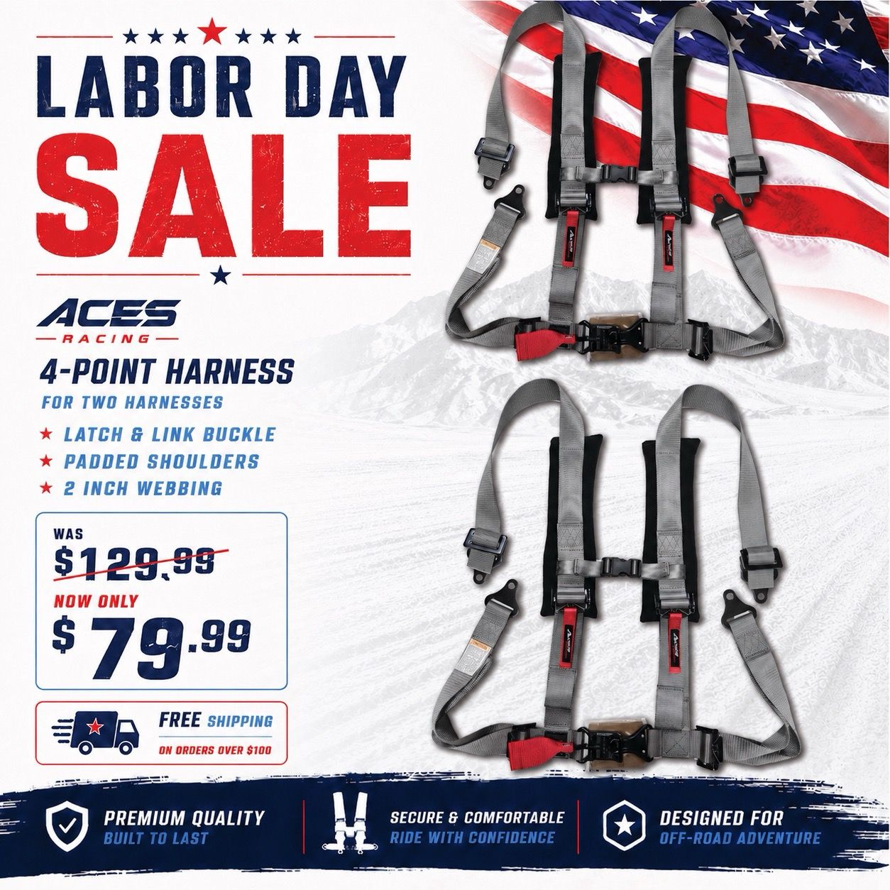 Labor Day sale advertisement for 4-point harness with pricing details.