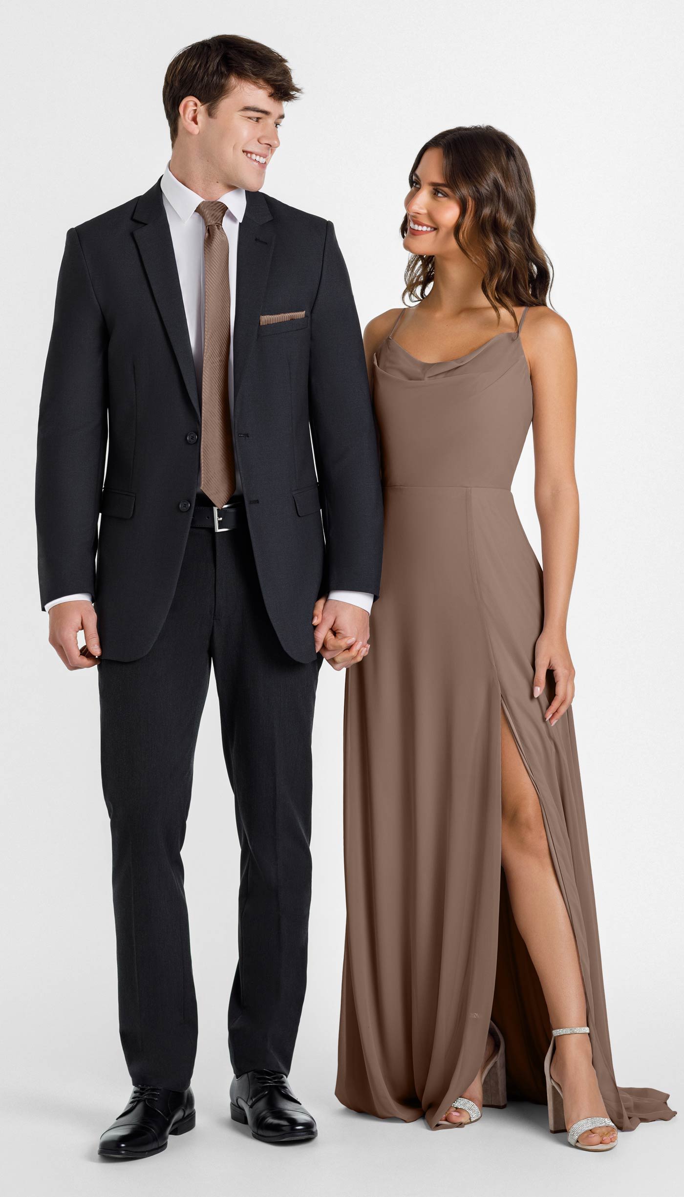 charcoal suit with fawn bridesmaids dress