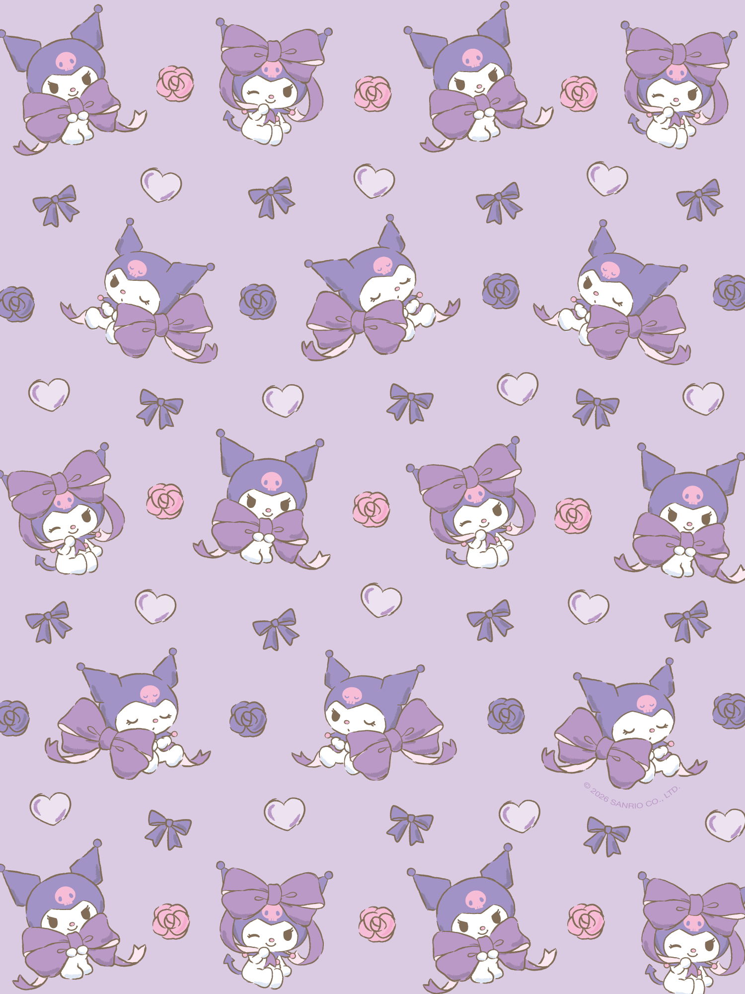 A repeating pattern featuring the character Kuromi in a purple cloak and bow, surrounded by small hearts, bows, and pink roses on a light lavender background.
