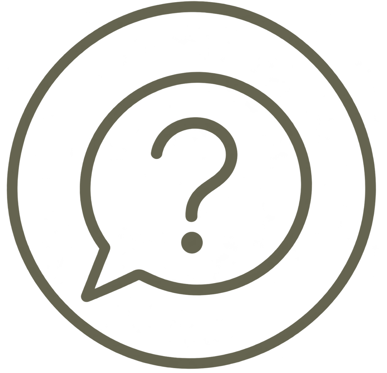 A speech bubble with a question mark inside a circular outline.