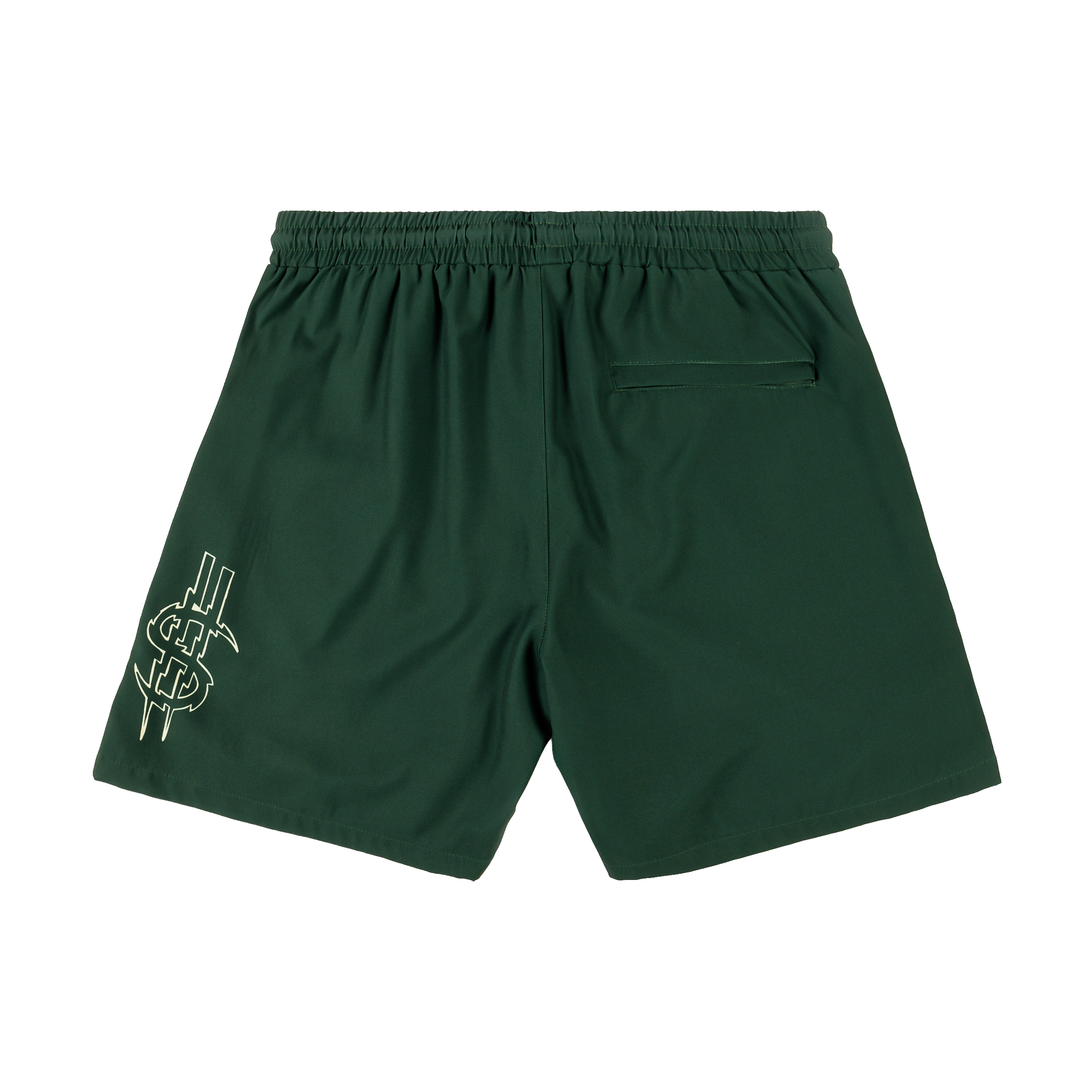 Green shorts with cartoon graphics and text designs.