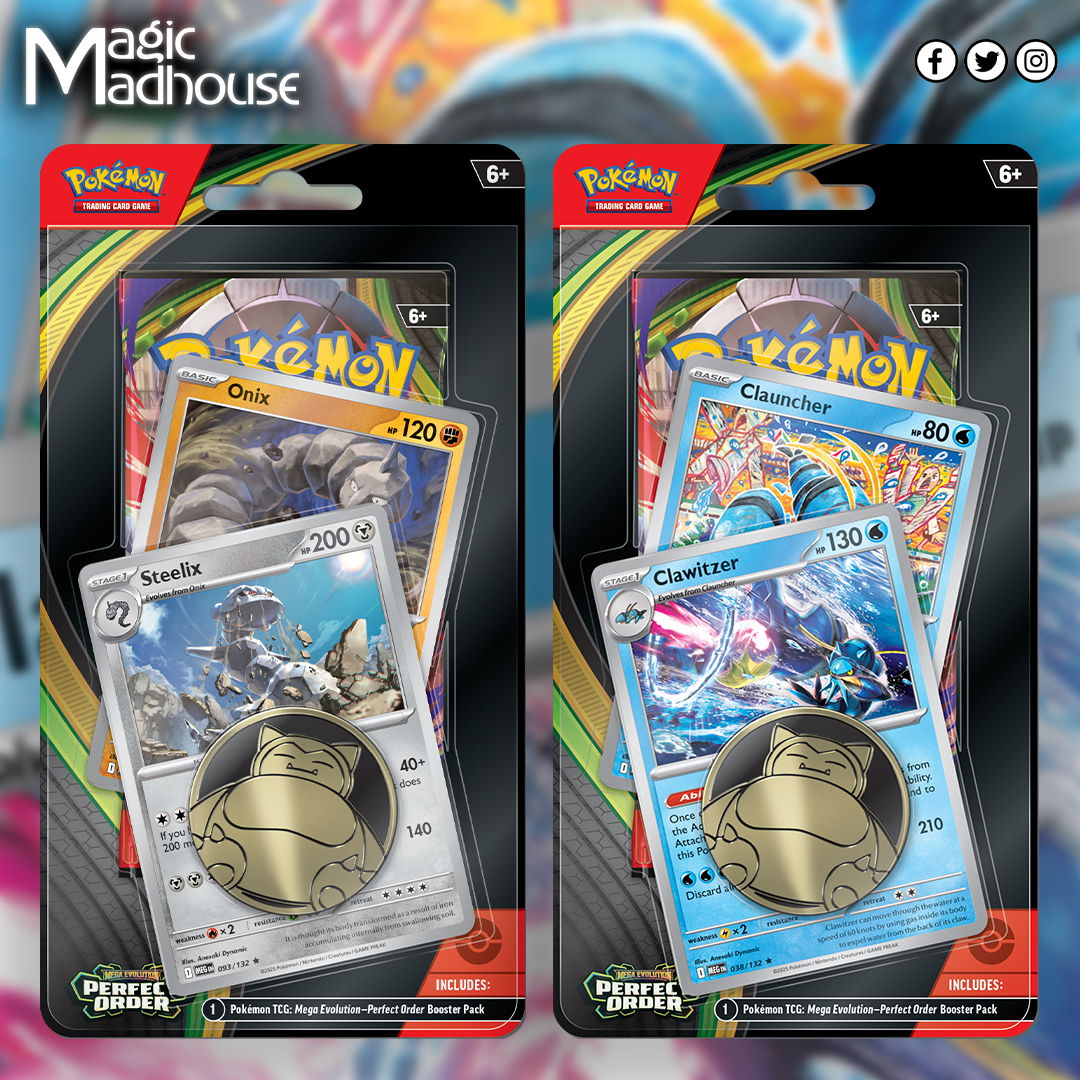 Two Pokémon card blister packs featuring Steelix and Clawitzer.